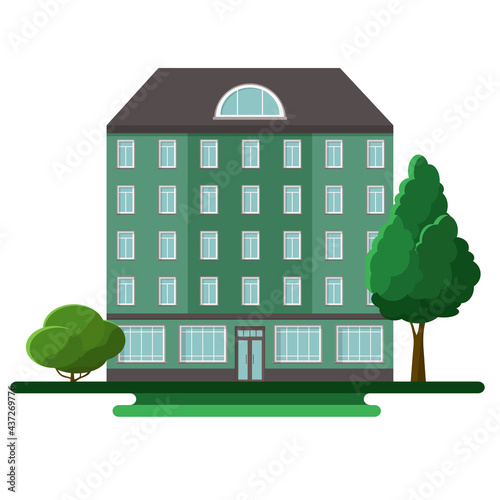 Urban multi-storey building with a shop on the first floor. Vector illustration of abstract architecture. Flat design.