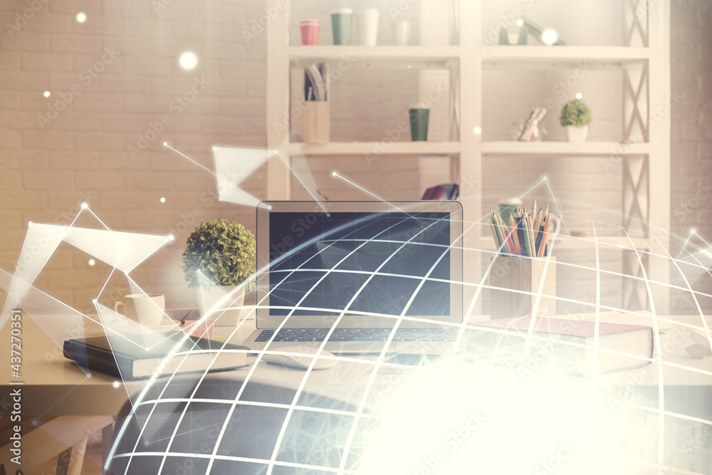 Obraz premium Multi exposure of world map drawing and office interior background. Concept of international network.