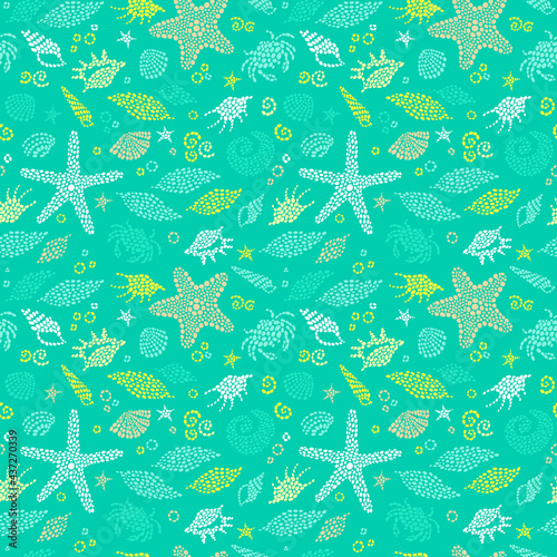 Turquoise seamless sea life background with sea elements. Ornate maritime decor from drops. Spotty sea backdrop