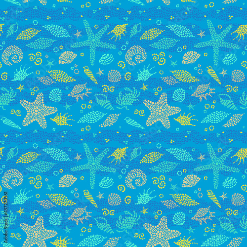 Blue seamless sea life background with sea elements. Ornate maritime decor from drops. Spotty sea backdrop
