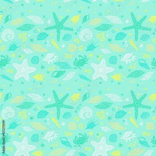 Turquoise seamless sea life background with sea elements. Ornate maritime decor from drops. Spotty sea backdrop