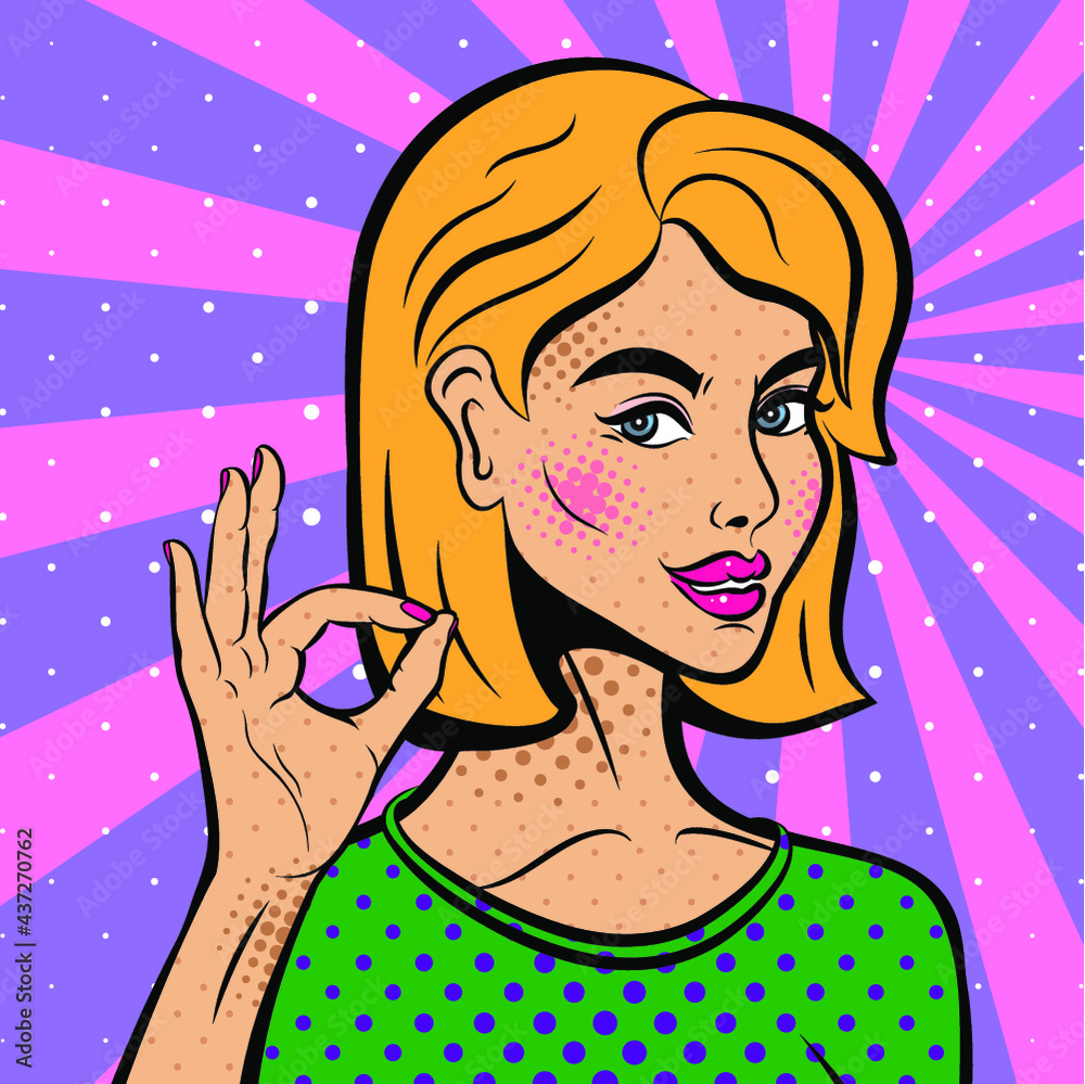 Sexy pop art woman with squinted eyes and open mouth. Vector background in comic style retro pop art. Invitation to a party. Face close-up.