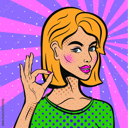 Sexy pop art woman with squinted eyes and open mouth. Vector background in comic style retro pop art. Invitation to a party. Face close-up.