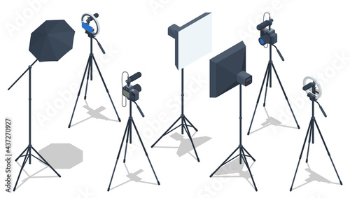 Isometric Video Blogger Recording Video With Camera. Equipment for making video for blog, vlog review or online streaming. Studio lamp light ring, selfie photo camera stick