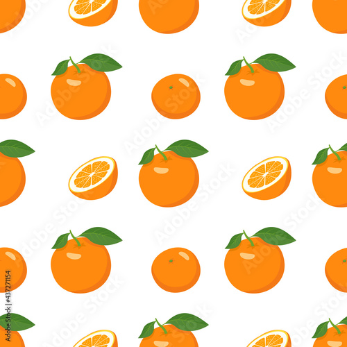 Seamless bright spring and summer pattern with oranges and slices on a white background. A set of citrus fruits for a healthy lifestyle