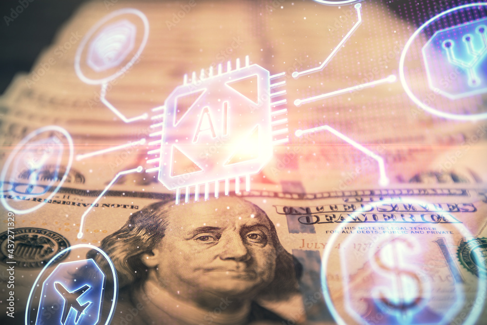 Double exposure of data theme drawing over us dollars bill background. Technology concept. Double exposure of data theme drawing over us dollars bill background. Technology concept.