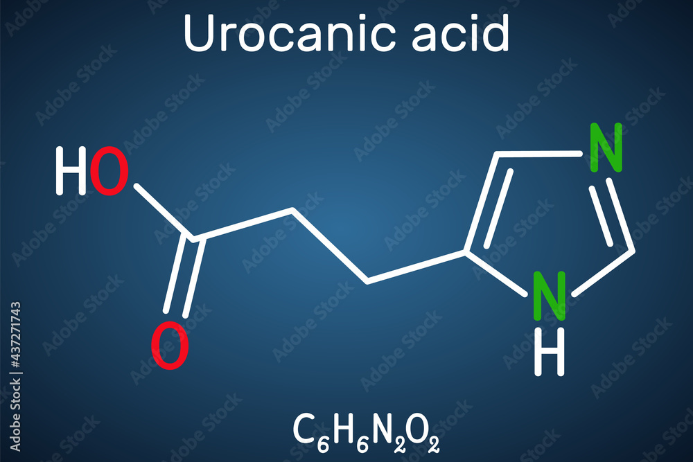 Urocanic acid molecule. It is intermediate product in the metabolism of histidine. Structural chemical formula on the dark blue background Urocanic acid molecule. It is intermediate product in the metabolism of histidine. Structural chemical formula on the dark blue background
