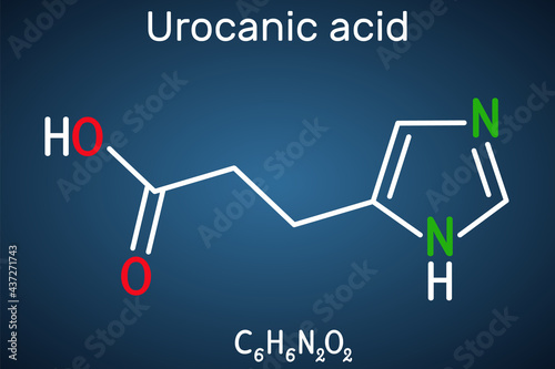 Urocanic acid molecule. It is intermediate product in the metabolism of histidine. Structural chemical formula on the dark blue background