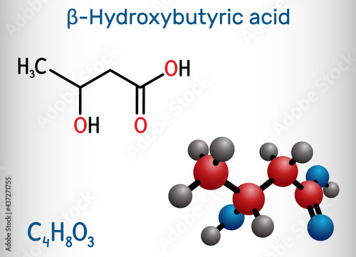 Beta-Hydroxybutyric acid, 3-hydroxybutyric acid molecule. It is beta hydroxy acid, is precursor to polyesters, biodegradable plastics. Structural chemical formula, molecule model