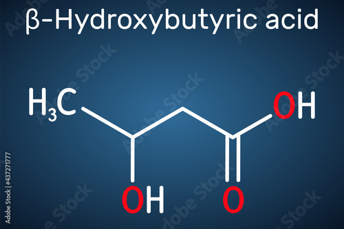 Beta-Hydroxybutyric acid, 3-hydroxybutyric acid molecule. It is beta hydroxy acid, is precursor to polyesters, biodegradable plastics. Structural chemical formula on the dark blue background