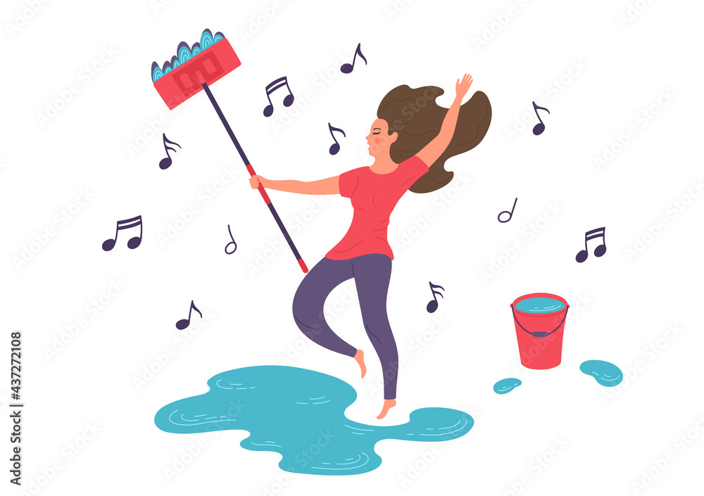 Woman cleans floor with mop, dancing and singing  song. Happy carefree housewife cleaning home. Housework concept.