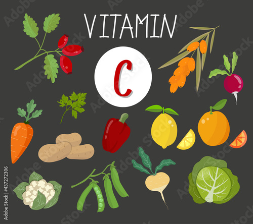 Vitamin C, set of vegetables, fruits and berries 