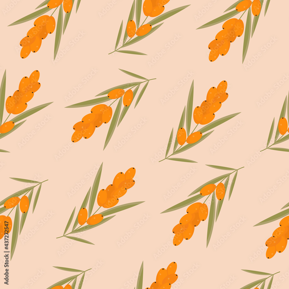 Sea buckthorn seamless pattern with orange berries