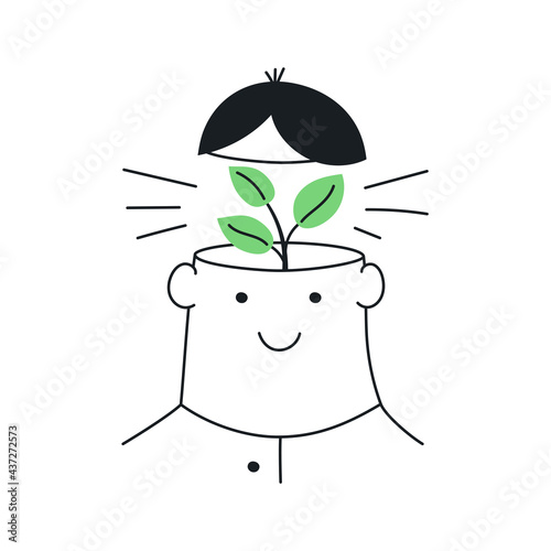 Sprout is growing from the human's head. Burning of the new idea, self-growth, thinking green. Flat thin line vector illustration on white.