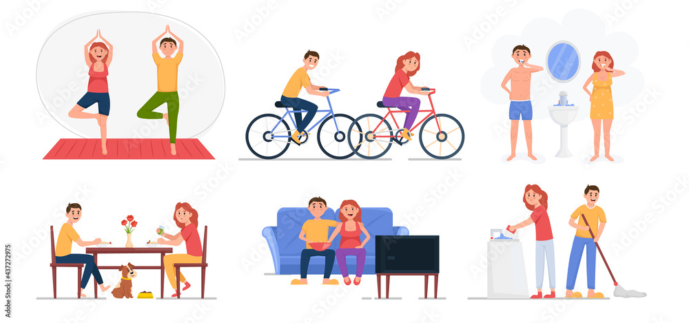 Couple everyday routine set. Happy family lifestyle. Woman and man daily activity. Vector illustration.