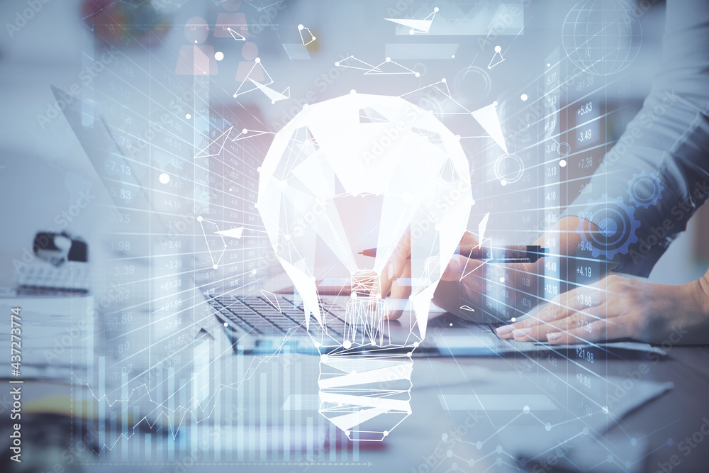 Double exposure of woman hands typing on computer and light bulb drawing. Idea concept. Double exposure of woman hands typing on computer and light bulb drawing. Idea concept.
