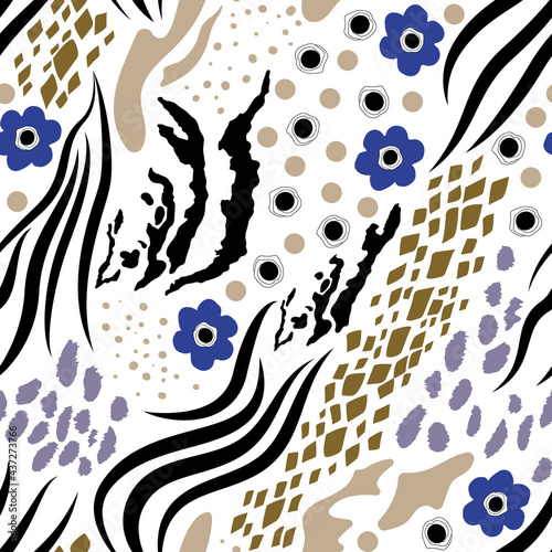 Collage seamless pattern of animal skins - tiger, snake, zebra, geometric flowers, circles, dots. A set of different shapes and textures blue, gray, black on a white background. Trendy modern print