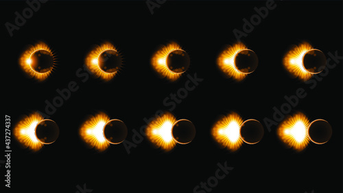 Set Collection Phases Of A Solar And Lunar Eclipse On Dark Background Sun