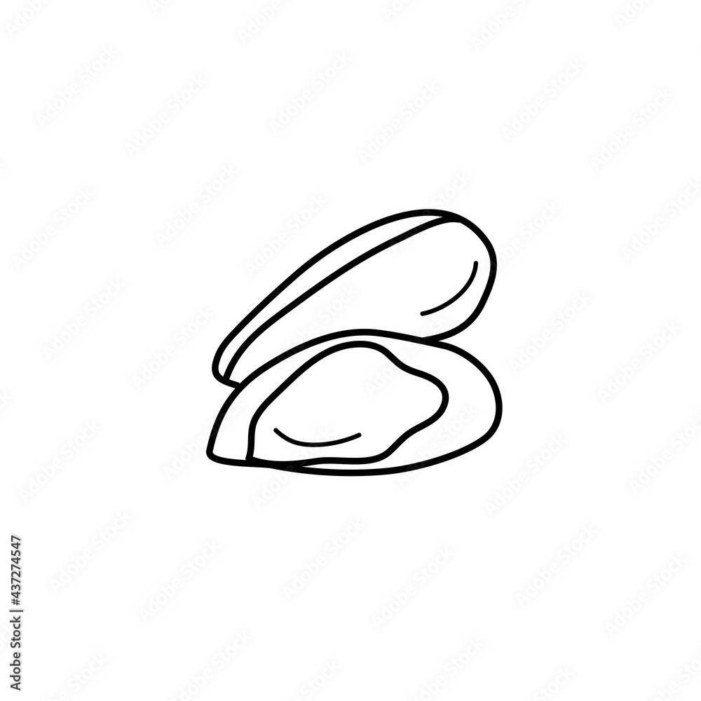 Mussel in doodle style. Vector illustration in black. A concept for a menu or a logo for sea food. Outline design Mussel in doodle style. Vector illustration in black. A concept for a menu or a logo for sea food. Outline design