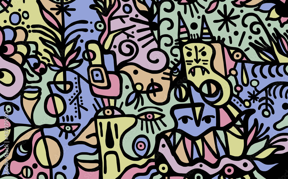 Abstract drawing of black lines painted in different colors.Backgrounds and textures. Abstract drawing of black lines painted in different colors.Backgrounds and textures.