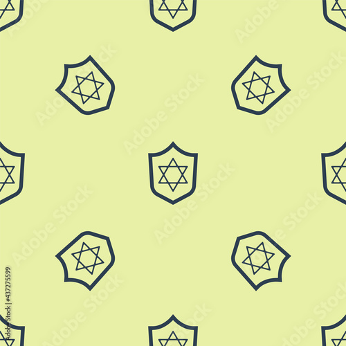 Blue Shield with Star of David icon isolated seamless pattern on yellow background. Jewish religion symbol. Symbol of Israel. Vector