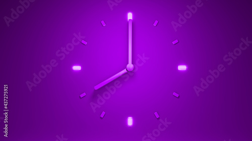3D rendering of an illuminated purple clock showing eight o'clock
