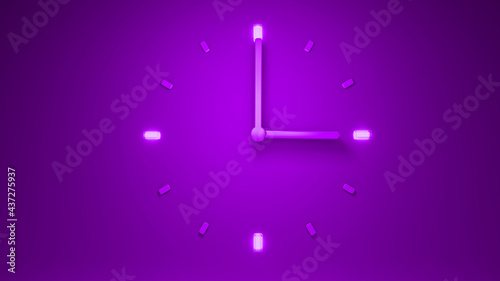Foto 3D rendering of an illuminated purple clock showing three o'clock