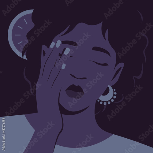 The tired African woman in the office at night. Fatigue, depression. Vector flat illustration