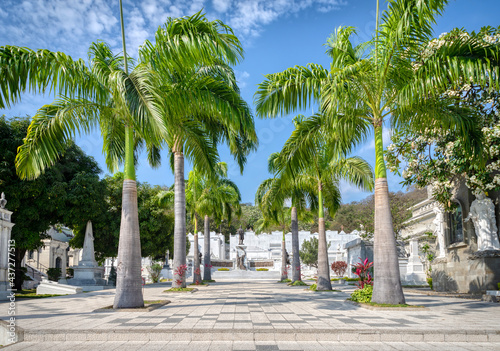 Wide view of the General Cemetery in Guayaquil, Ecuador, South America, with it's many crypts, statues and trees, on a beautiful sunny summer morning.