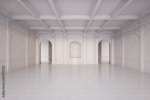 Classic empty interior with white wall, ceramic tile floor, arc door and white ceiling. 3D render illustration.