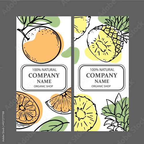 ORANGE PINEAPPLE Design Of Stickers And Labels For Shop Of Organic Natural Tropical Fruits And Dessert Drink Products In Sketch Style Vector Illustration Set