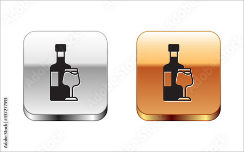 Black Wine bottle with glass icon isolated on white background. Silver and gold square buttons. Vector
