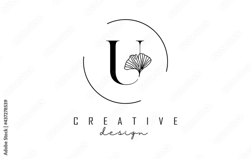 Letter U logo design with uppercase, leaf detail and circle frame ...