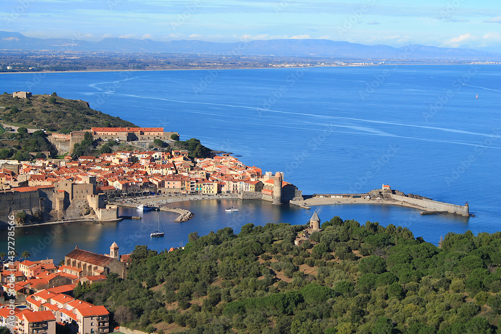 The amazing aerial view over Collioure from Fort Saint Elme, Vermeille coast, France