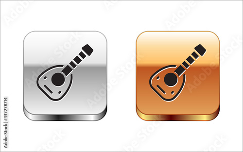 Black Musical instrument lute icon isolated on white background. Arabic, Oriental, Greek music instrument. Silver and gold square buttons. Vector