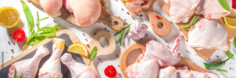 Various raw chicken meat portions. Set of uncooked chicken fillet, thigh, wings, strips and legs on white cooking table background with spices Various raw chicken meat portions. Set of uncooked chicken fillet, thigh, wings, strips and legs on white cooking table background with spices