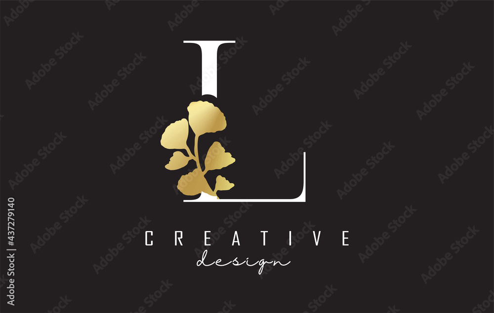 Creative white L Letter logo design with golden leaves. Vector Illustration with with Botanical elements. Nature vector template design concept with L letter. Creative white L Letter logo design with golden leaves. Vector Illustration with with Botanical elements. Nature vector template design concept with L letter.