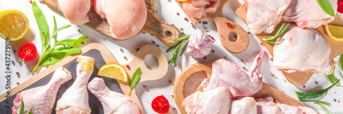 Various raw chicken meat portions. Set of uncooked chicken fillet, thigh, wings, strips and legs on white cooking table background with spices