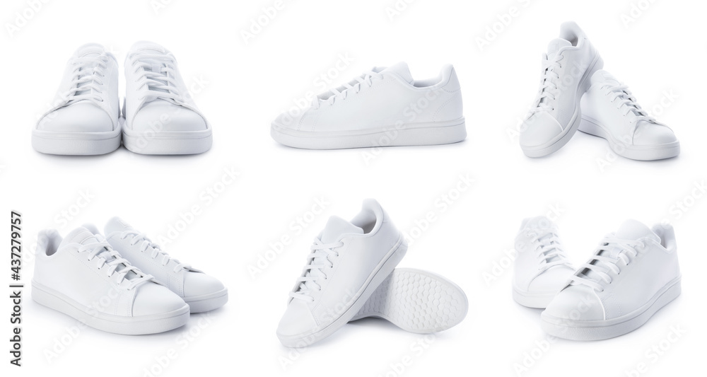 Stylish sneakers isolated on white background. Set of white sport shoes - obrazy, fototapety, plakaty 
