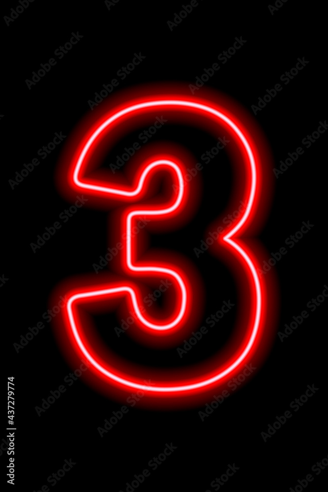 Neon red number 3 on black background. Serial number, price, place Neon red number 3 on black background. Serial number, price, place