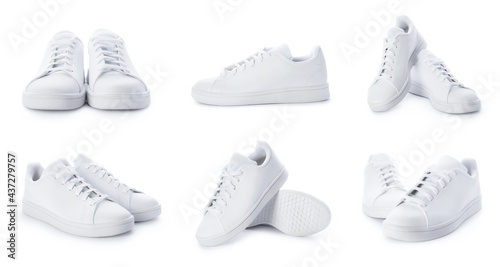 Stylish sneakers isolated on white background. Set of white sport shoes photo