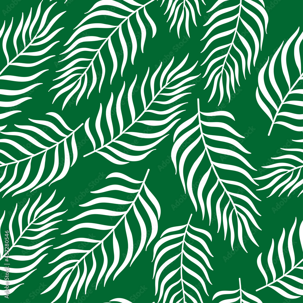 Tropical palm leaves seamless pattern. White plants on green background