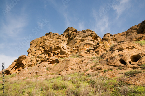 Sandstone of Mount Bogdo in the steppe in the Astrakhan region (Caspian lowland). Mount Bogdo Is a nature reserve and is protected by the state.