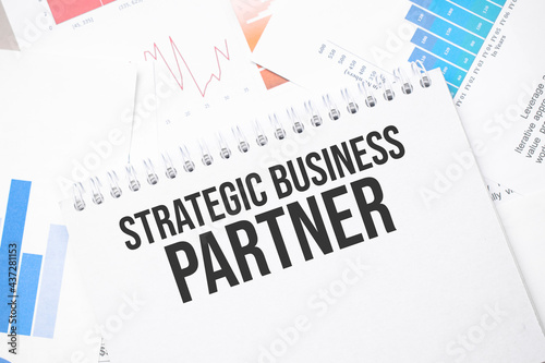 strategic business partner text on paper on the chart background with pen