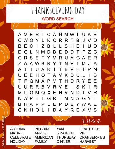 Thanksgiving Day word search puzzle. Logic game for learning English words. Holiday festive crossword. Printable activity sheet. Vector illustration. Worksheet about autumn 