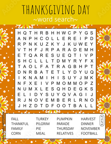 Thanksgiving Day word search puzzle. Logic game for learning English words. Holiday festive crossword. Printable activity sheet. Vector illustration. Worksheet about autumn 