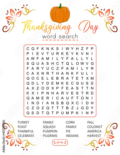 Thanksgiving Day word search puzzle. Logic game for learning English words. Holiday festive crossword. Printable activity sheet. Vector illustration. Worksheet about autumn 