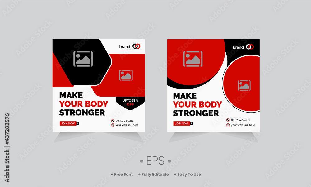 Make your body stronger social media post template Fitness Gym web banner design