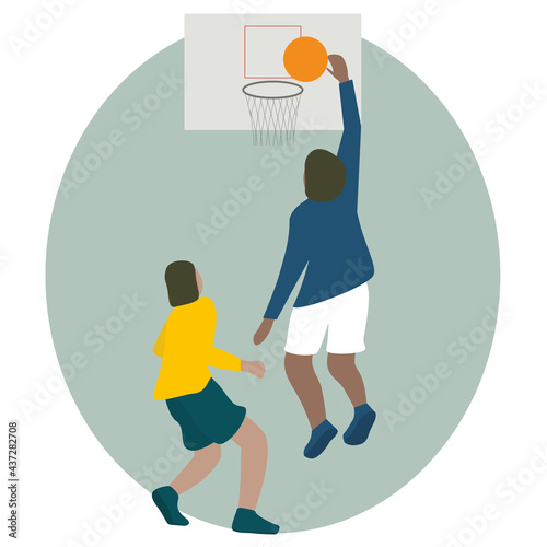 People playing basketball Basketball player makes slam dunk. Back view Vector illustration Isolated on white background