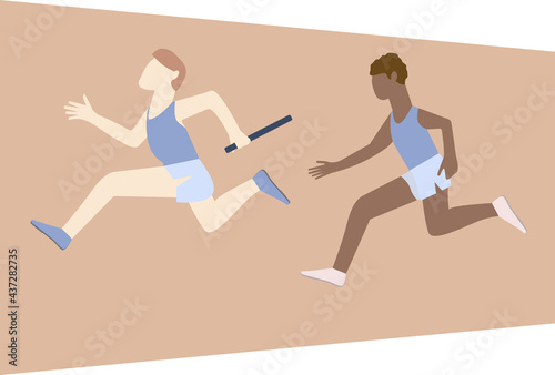 Athletes passing over the baton while running on the track. Men practicing relay race on racetrack. Side view. Isolated vector illustration